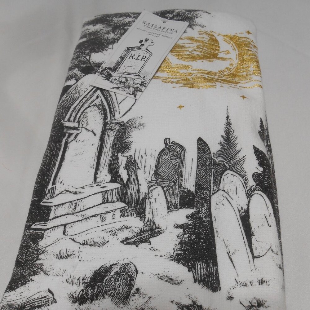 LOT 2 NEW KASSAFINA HOME COLLECTION KITCHEN TOWELS R.I.P. GOLD BLK WHT TOMBSTONE